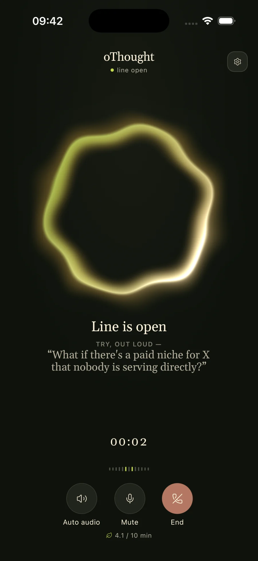 oThought live call screen with glowing acoustic ring and call controls