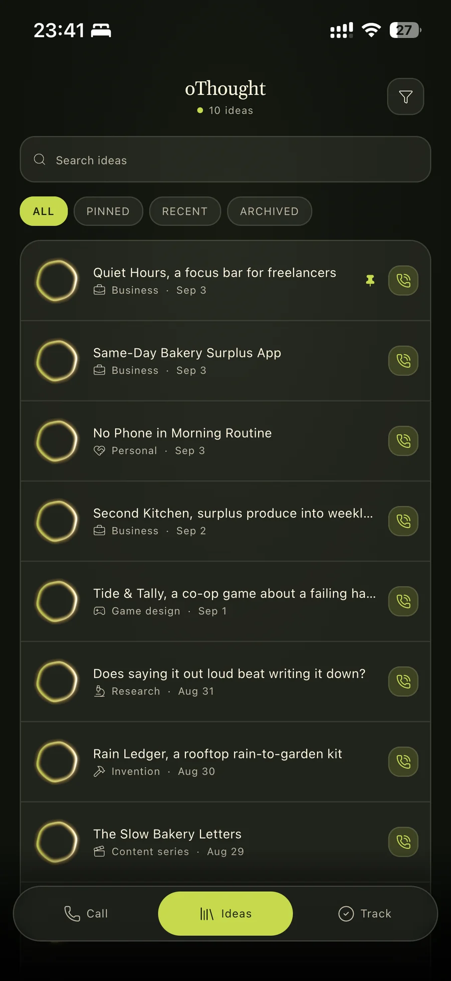 oThought idea library with saved ideas and bottom navigation