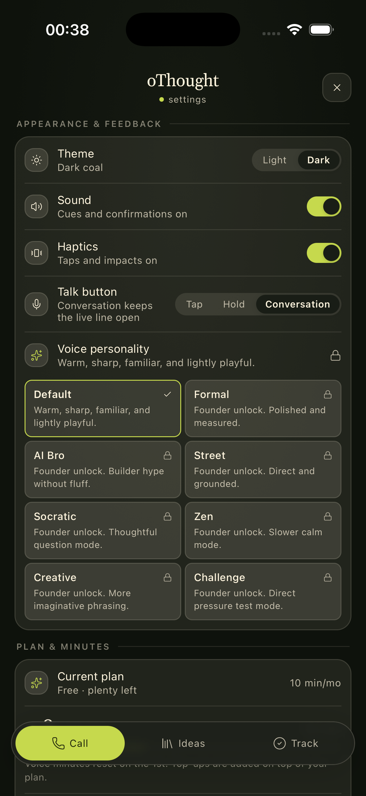 oThought settings screen with theme, sound, haptics, and voice personality options